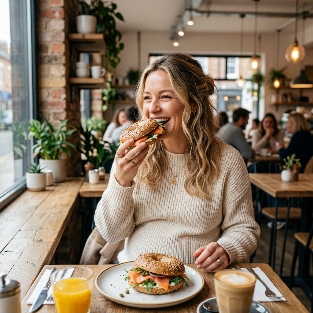 A smiling pregnant woman enjoying a healthy hot-smoked salmon bagel in a sunny cafe.