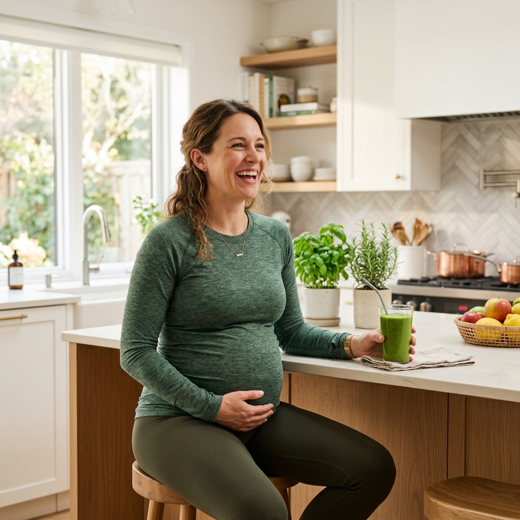 A pregnant woman in athletic wear laughing while holding a vibrant green protein smoothie in a modern kitchen.