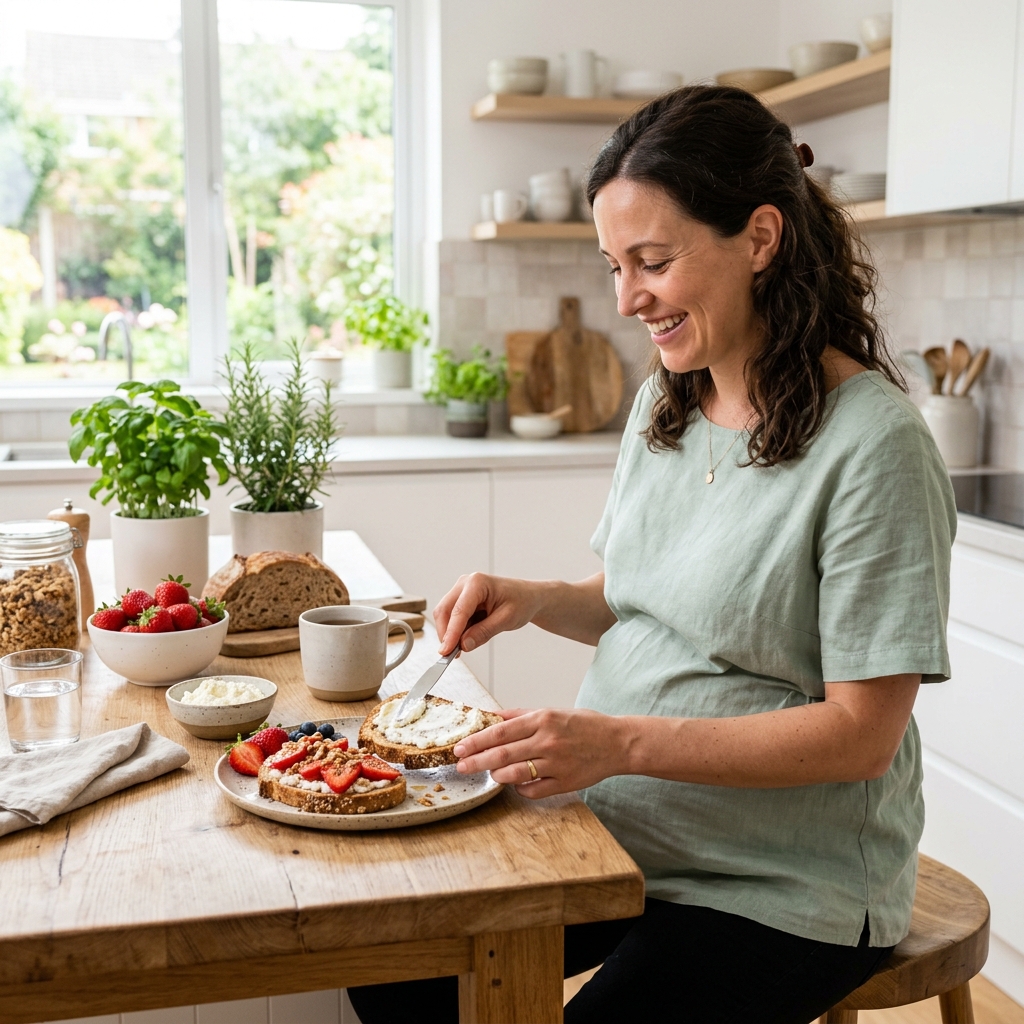 A pregnant woman enjoying a healthy ricotta and strawberry breakfast toast—a high-protein, mild-smelling option for first-trimester nausea.