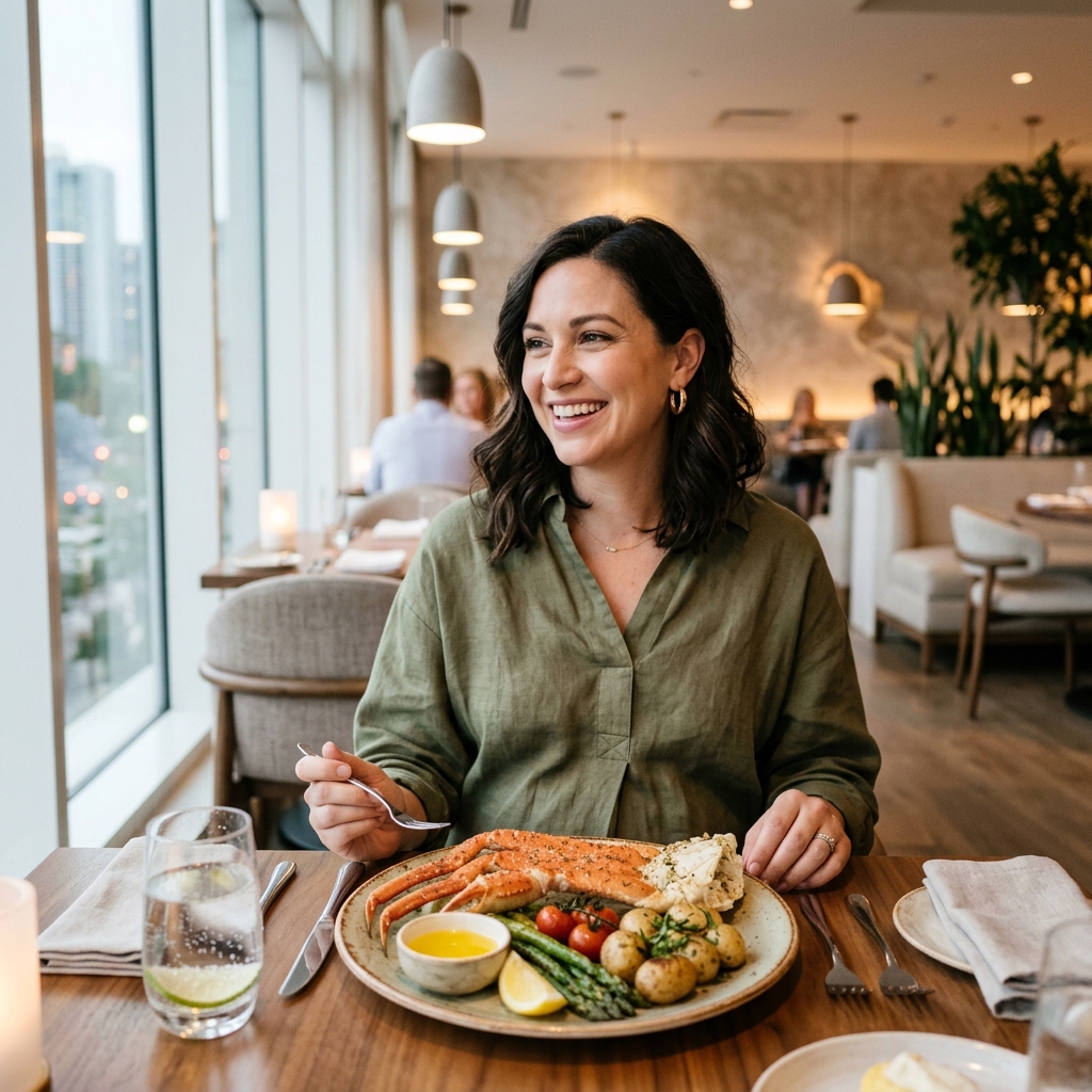 A smiling pregnant woman enjoying a safe, fully cooked crab dinner in a modern restaurant.
