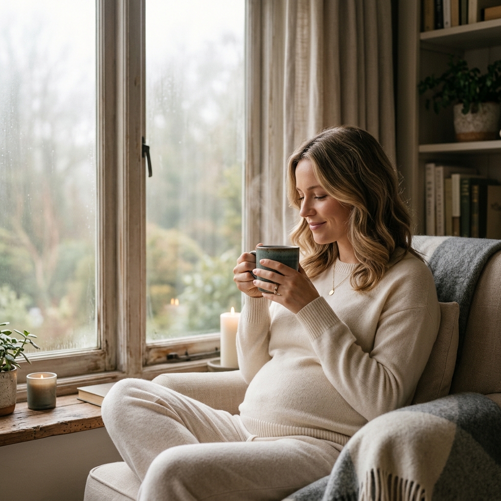A woman in her third trimester sipping a warm, comforting tea by a misty window - safe cold relief during pregnancy.