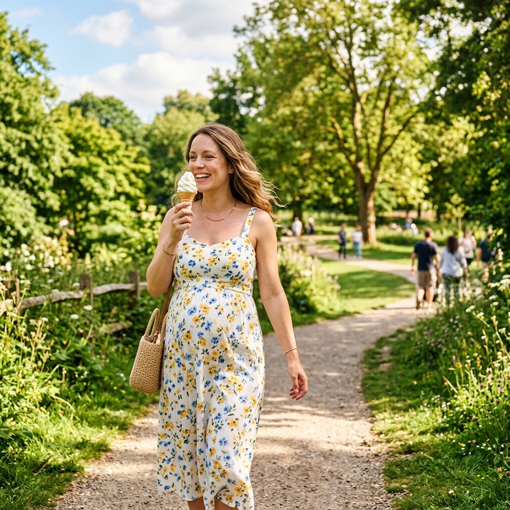 A pregnant woman enjoying a vanilla soft-serve cone in a park, illustrating the safe and occasional enjoyment of treats.
