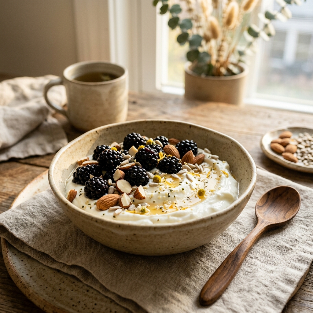 Gourmet Greek yogurt bowl topped with sliced almonds, sunflower seeds, and blackberries in golden light.