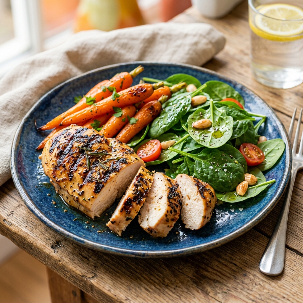 Close-up of a protein-rich pregnancy meal with grilled chicken, roasted carrots, and fresh spinach.