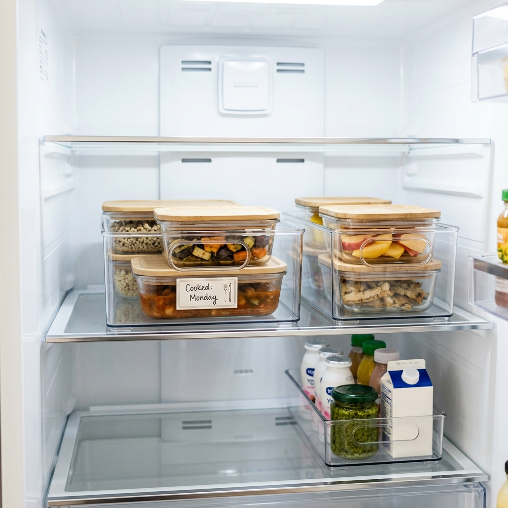 A clean, organized refrigerator with glass containers and labels indicating 'Cooked' dates.