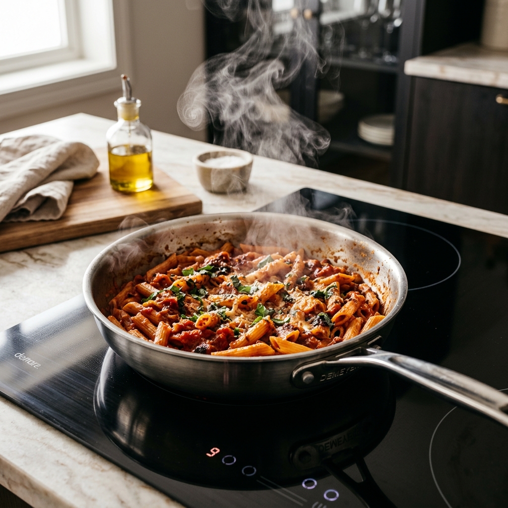 Leftover pasta being reheated in a pan with visible steam rising, ensuring it hits the 165°F safety threshold.