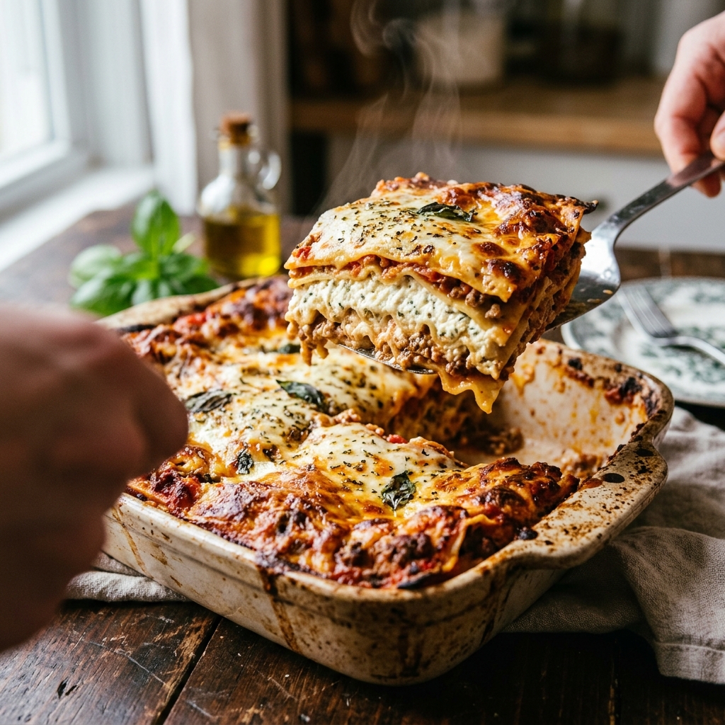 A close-up shot of steaming hot lasagna—baking ricotta makes it even safer and easier to digest.