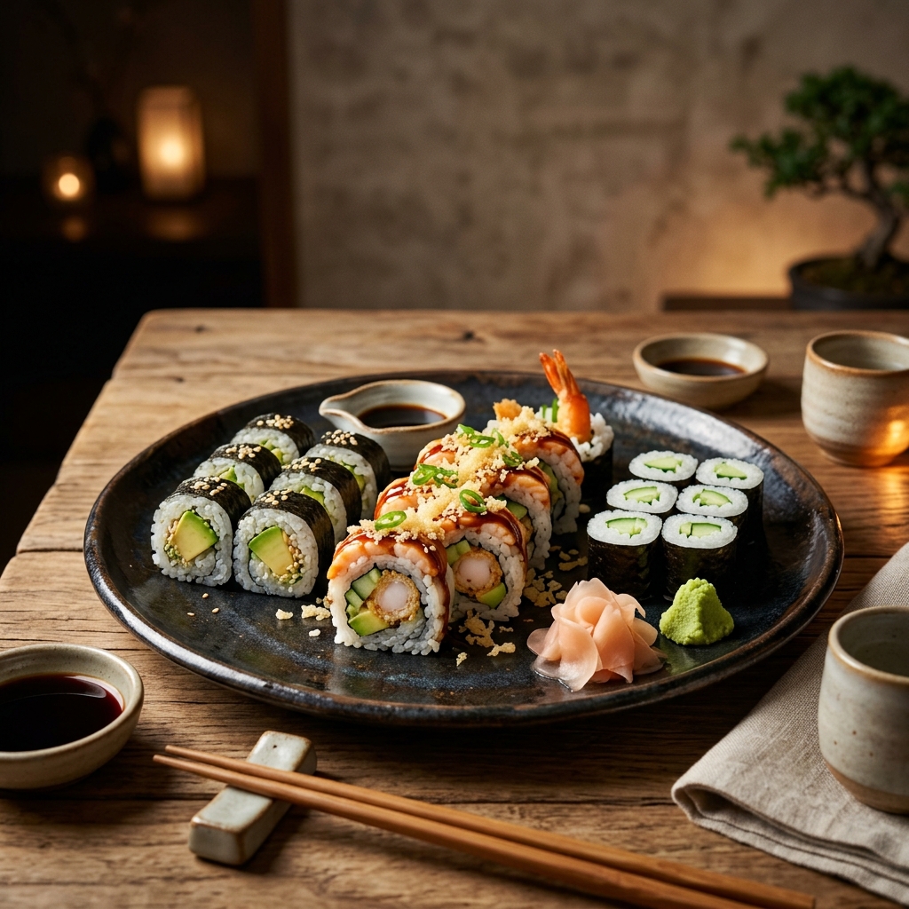 A platter of safe sushi options including cooked shrimp and veggie rolls—perfect for first-trimester safety.