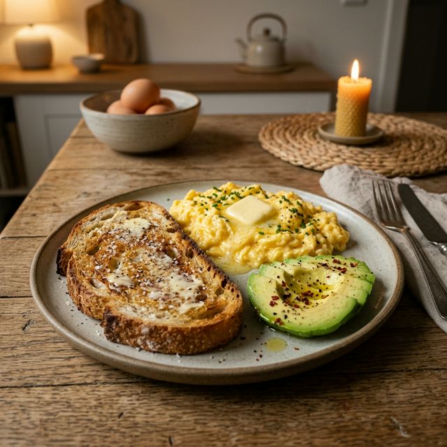 A gourmet, comforting breakfast-for-dinner plate: soft scrambled eggs with butter, served alongside a thick slice of toasted sourdough bread and slices of fresh avocado.