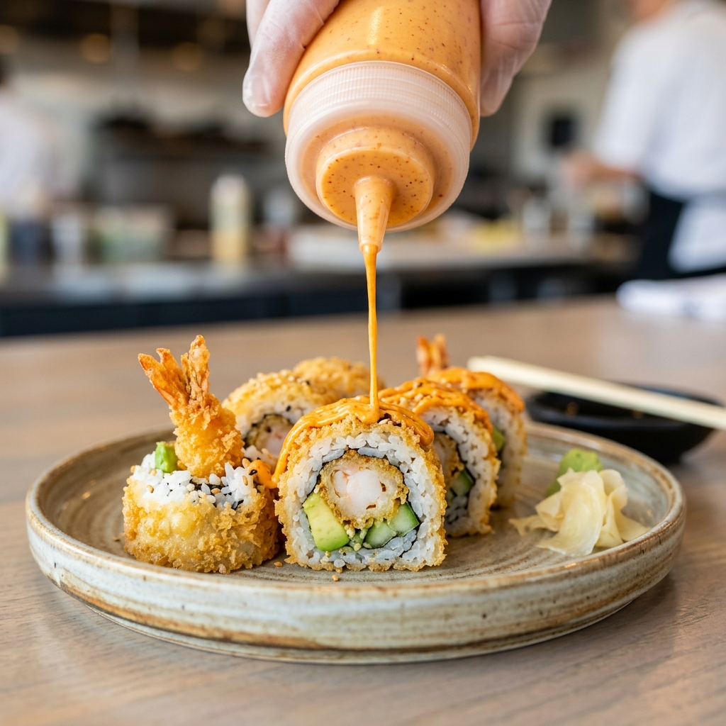 Macro shot of safe, spicy mayo being drizzled on crispy shrimp tempura sushi rolls.