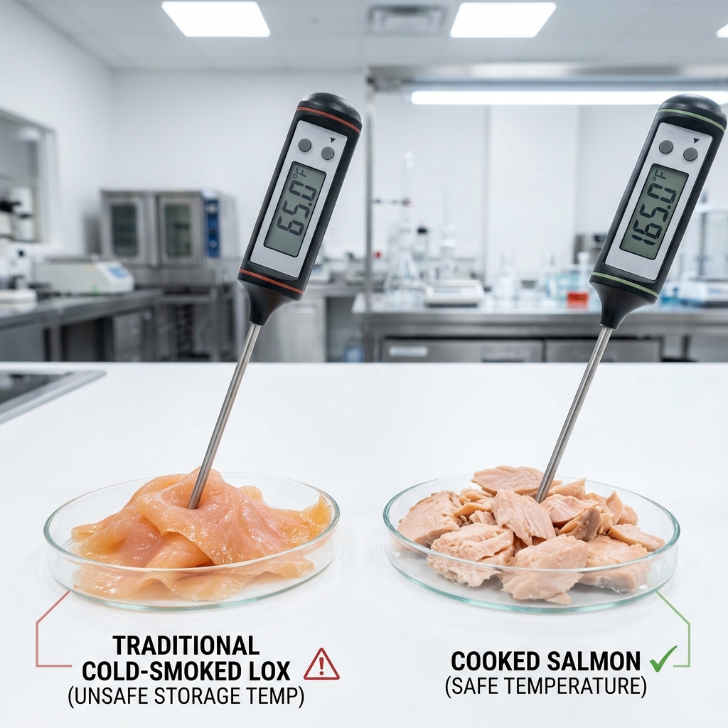 Clinical comparison of traditional cold-smoked lox versus properly cooked salmon hitting safe internal temperatures.