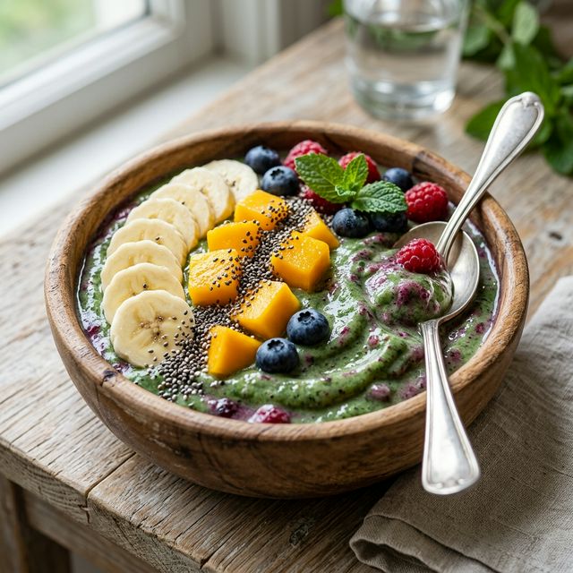 A vibrant and icy cold smoothie bowl topped with sliced banana, mango cubes, and a sprinkle of chia seeds.