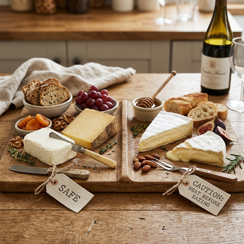 A beautiful cheese board with cream cheese labeled 'SAFE' and Brie labeled 'CAUTION: HEAT BEFORE EATING'.
