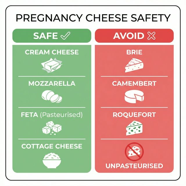 Pregnancy Cheese Safety Chart showing safe vs unsafe cheeses