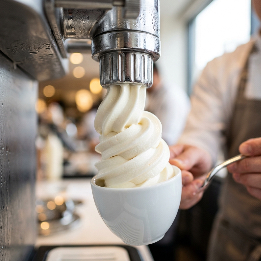Macro shot of a perfect vanilla soft-serve swirl, focusing on the smooth, creamy, and pasteurized texture of the product.