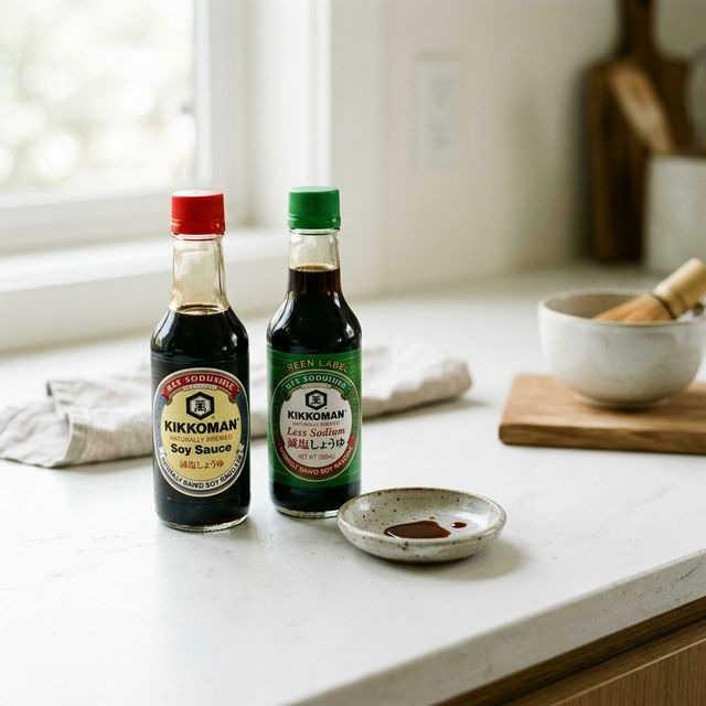 Two soy sauce bottles, one regular and one low-sodium, with a small dipping dish.