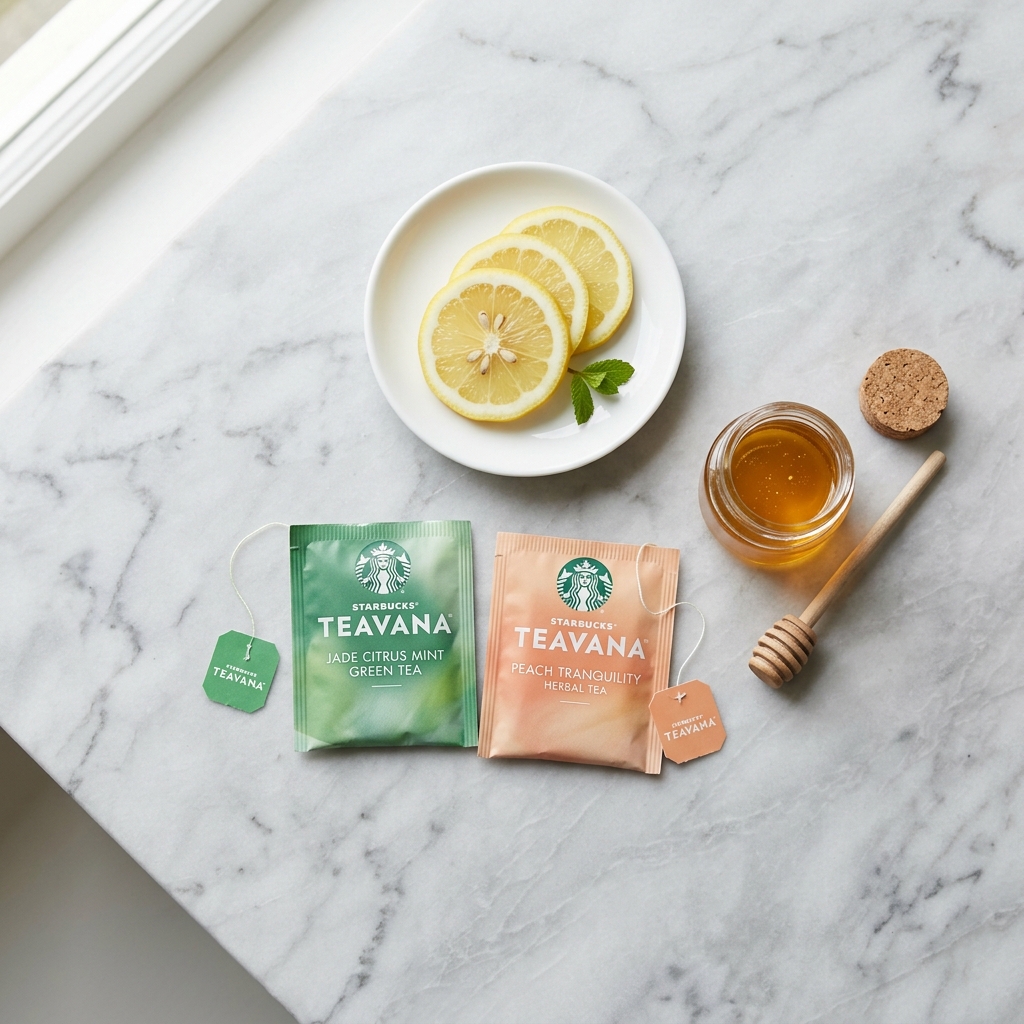 A minimalist flatlay of the two specific Starbucks tea bags (Jade Citrus and Peach Tranquility) next to honey and lemon.