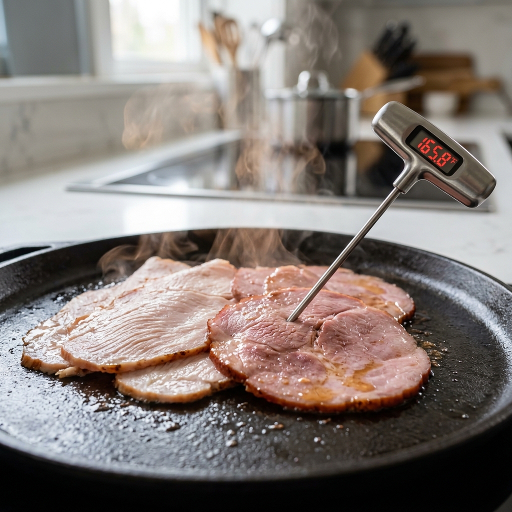 Macro shot of steaming deli meat with a digital thermometer showing a safe temperature of 165.8°F.