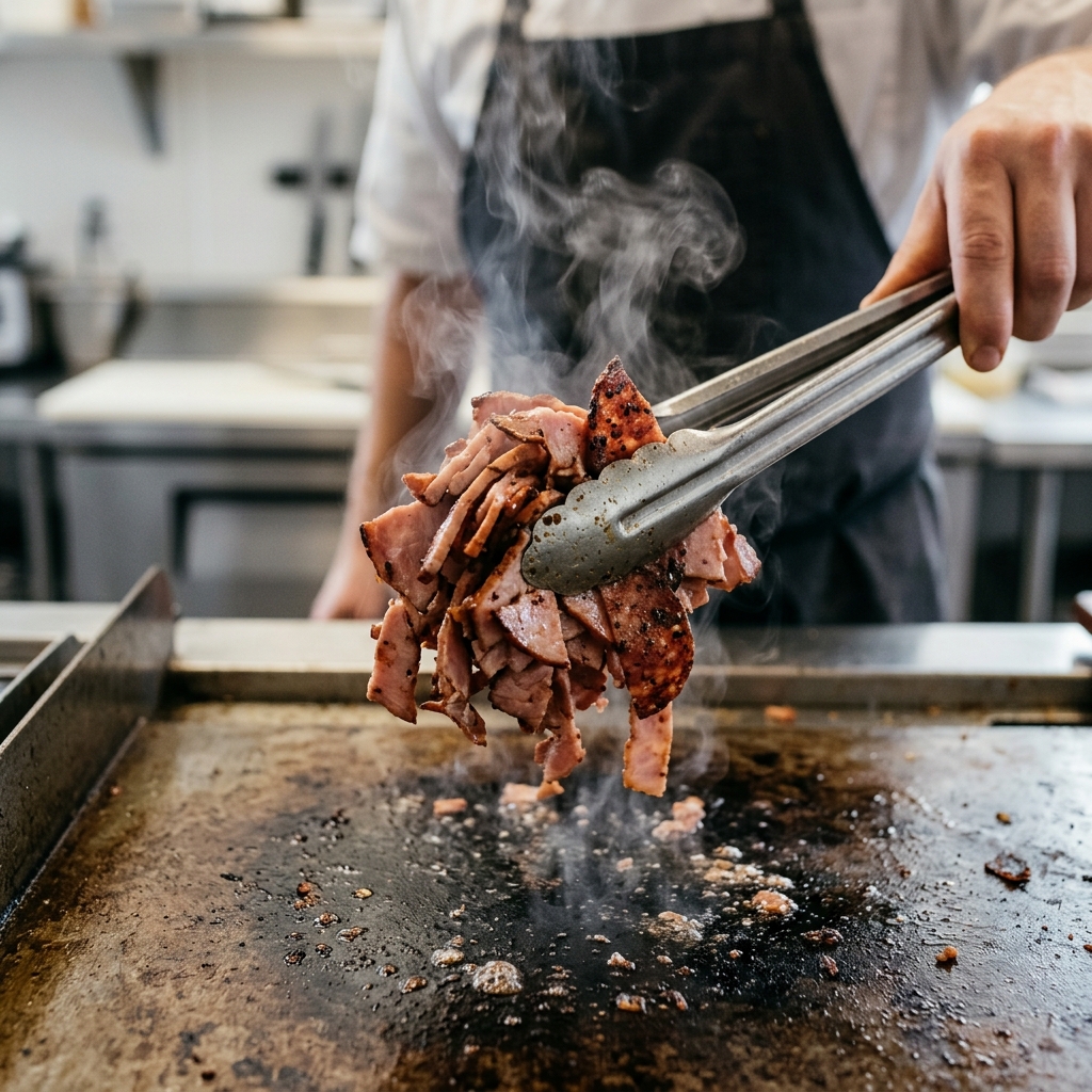 A pair of metal tongs holding a pile of steaming hot ham and salami over a flat-top grill.