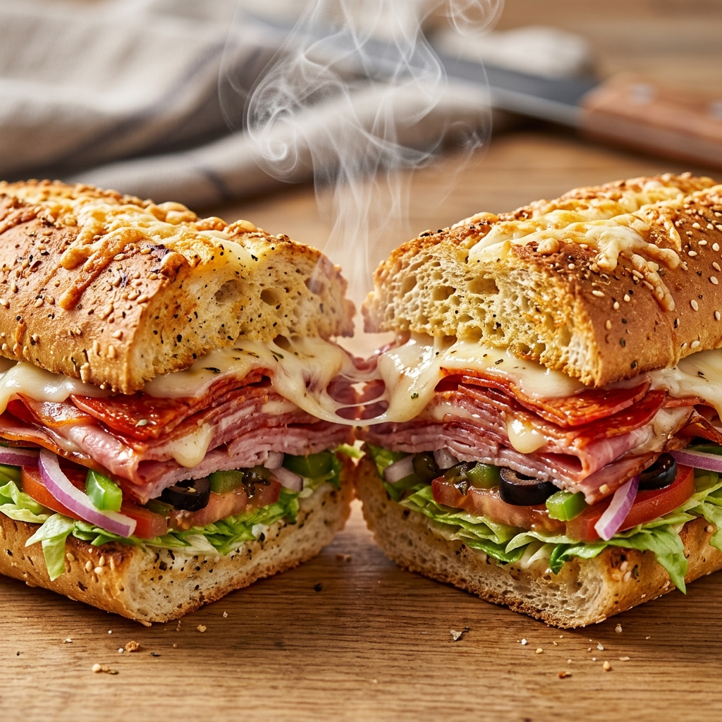 A realistic hot toasted sub with steam rising from the meat and melted cheese.