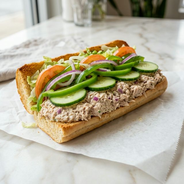 A premium close-up of a Subway Tuna Sub with creamy tuna salad and fresh vegetables.