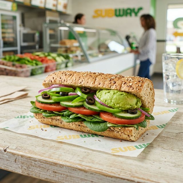 A vibrant, fresh Veggie Delite sub from Subway with avocado and various colorful vegetables.