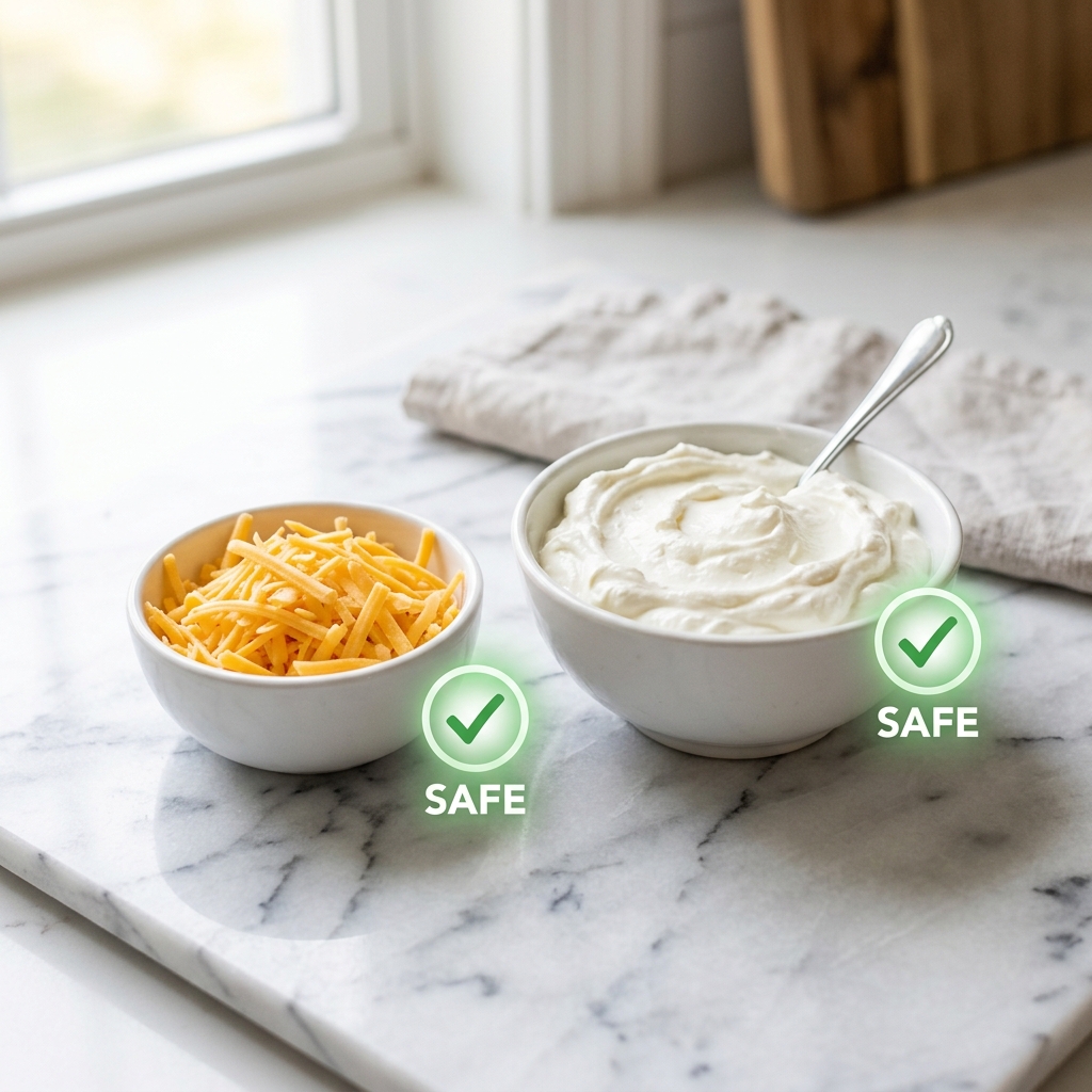A clean shot of Taco Bell sour cream and shredded cheese with green 'SAFE' checkmarks.