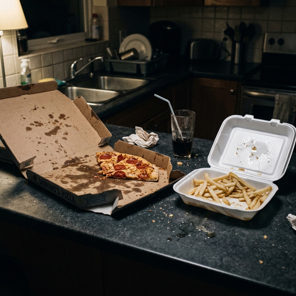 A greasy takeaway pizza box and cold fries, emphasizing the need for careful selection and proper reheating.