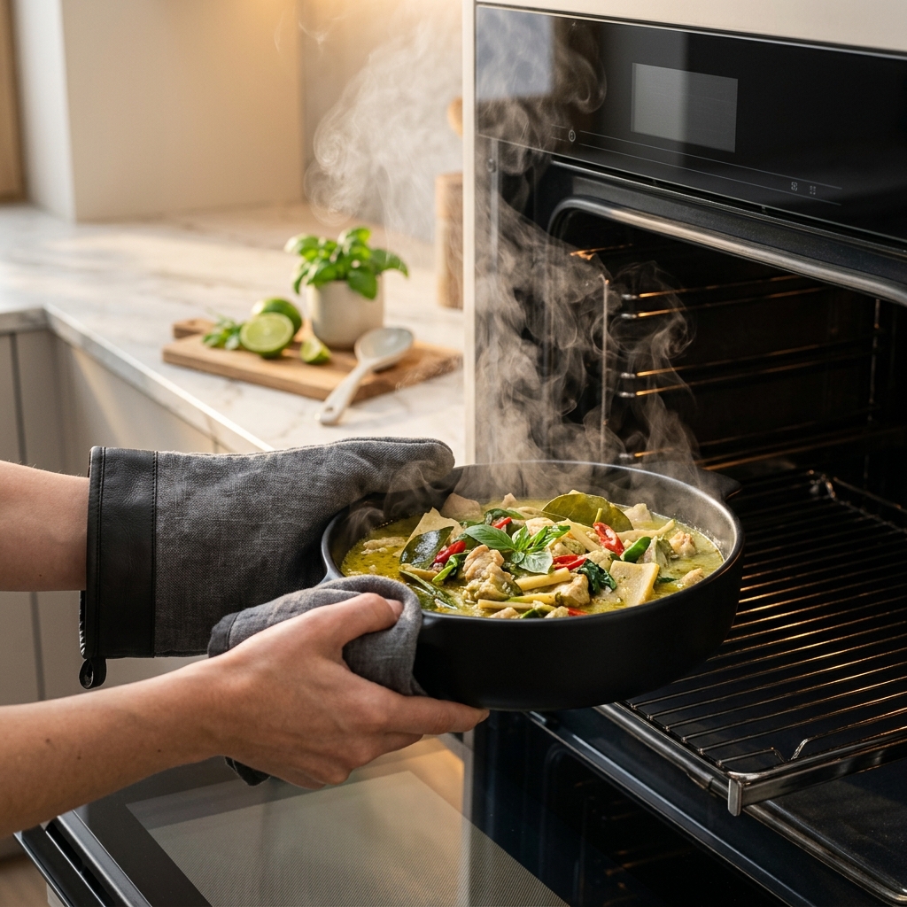A pregnant woman reheating takeaway food in a clean kitchen, ensuring it reaches a safe, steaming temperature.