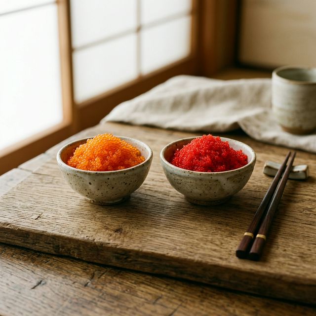 Two small ceramic bowls containing bright orange tobiko and red masago fish roe.