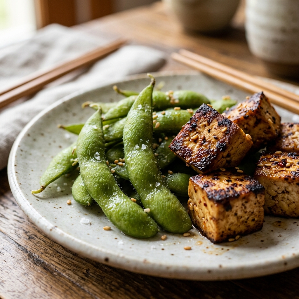 Macro shot of tofu and edamame, providing high-quality plant based protein.