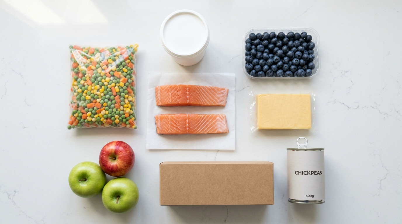 A tote bag of pregnancy-friendly groceries: frozen vegetables, salmon fillets, Greek yogurt, berries, cheddar, crackers and apples