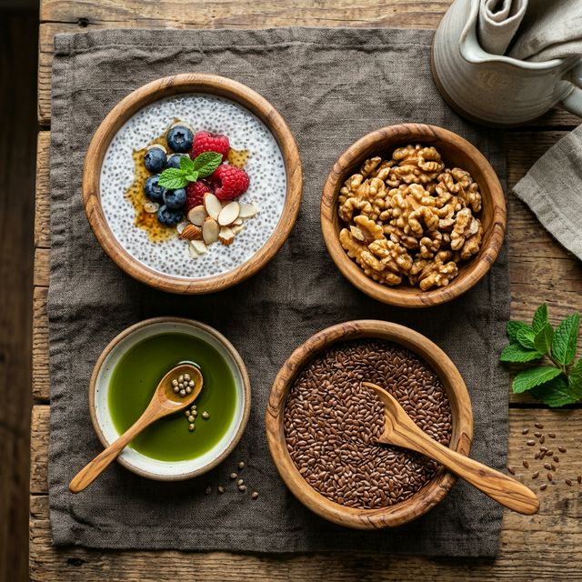 Plant-based Omega-3 sources like chia seeds, walnuts, and flaxseeds