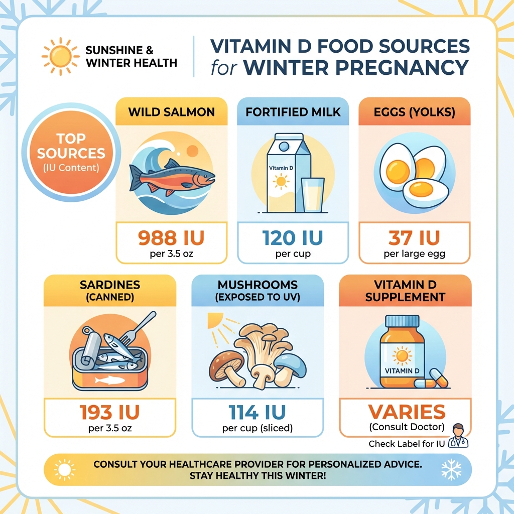 Chart showing vitamin D food sources for winter pregnancy including wild salmon, eggs, fortified milk, sardines, and supplements with IU content