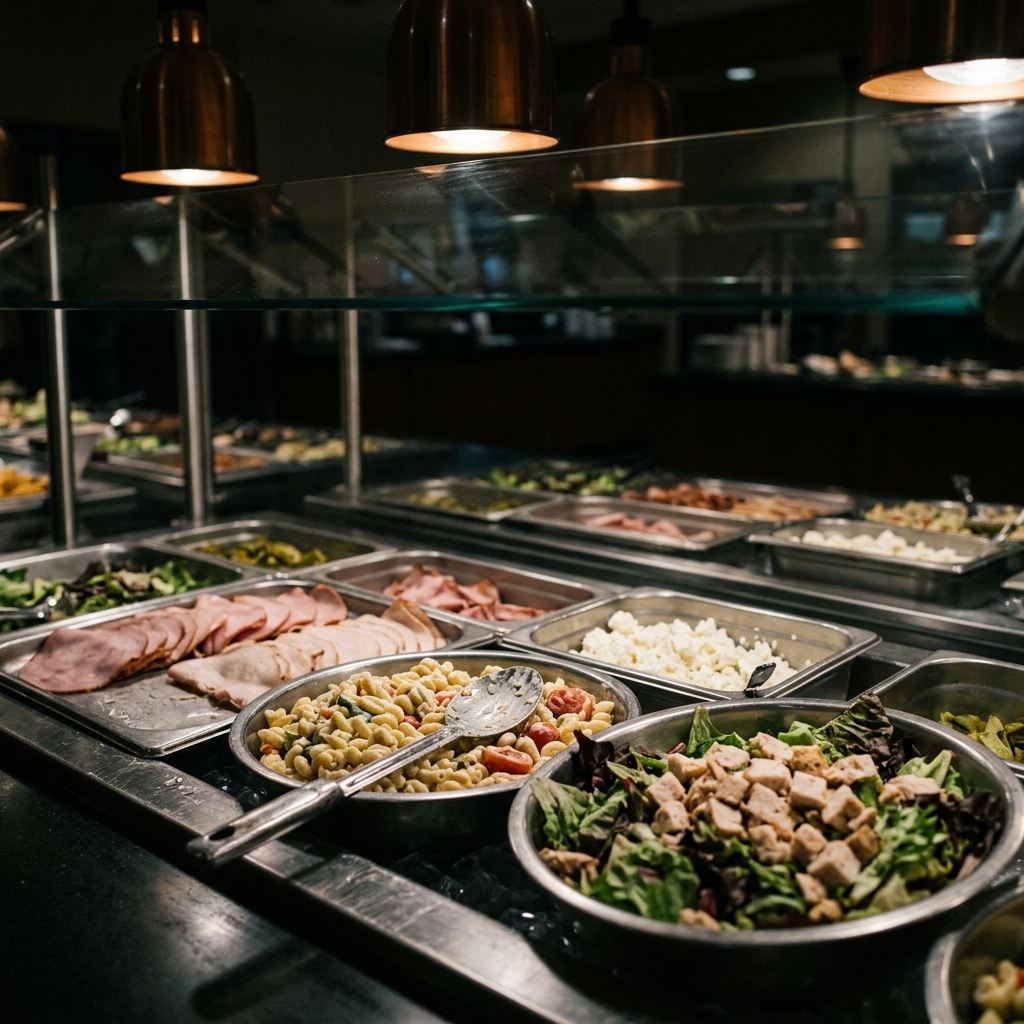 A buffet salad bar with cold meats and salads, illustrating the potential risks of listeria and cross-contamination.