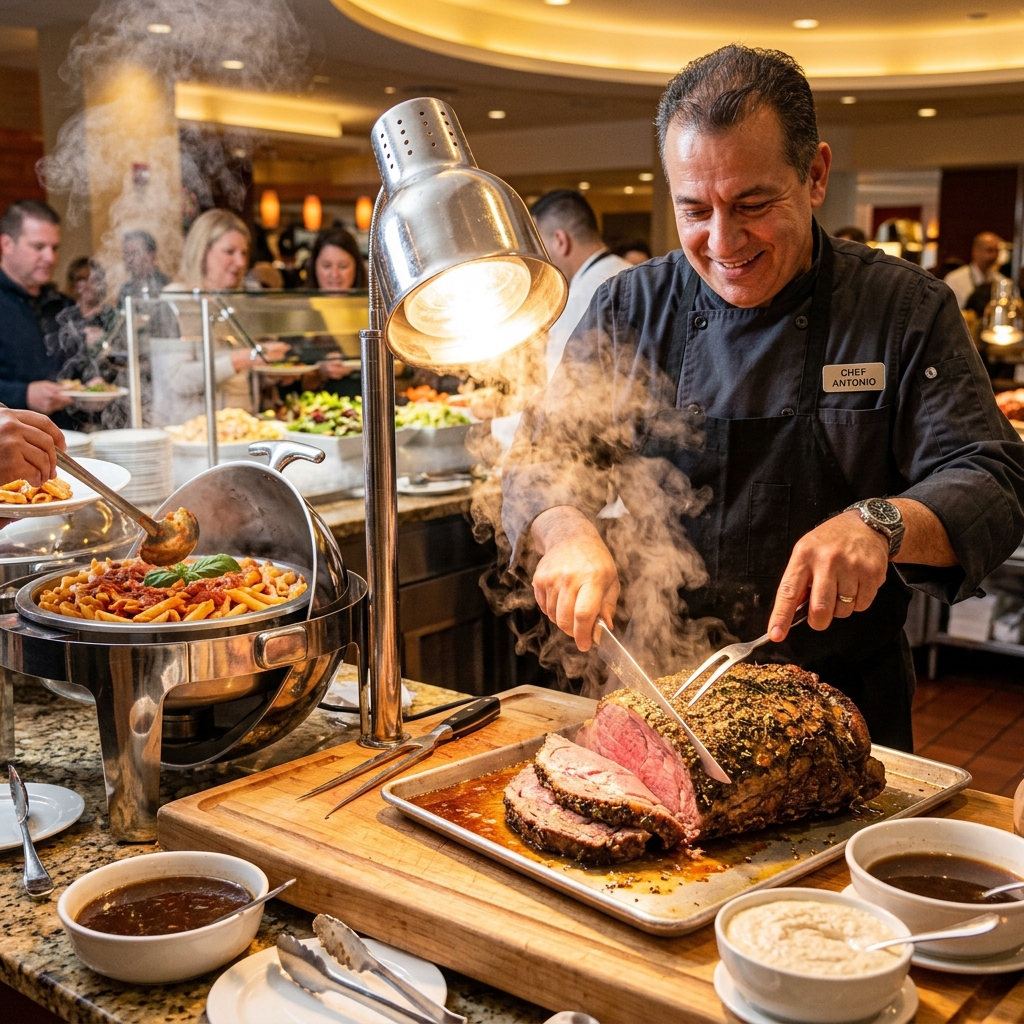 A chef carving freshly roasted meat at a buffet, representing the safe, high-heat choices for pregnant women.