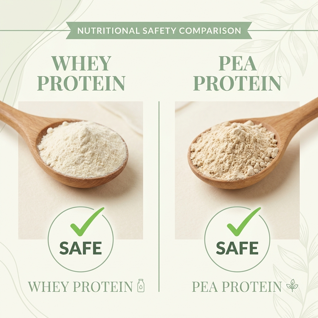A minimalist infographic comparing a wooden scoop of whey protein to a scoop of pea protein, both labeled AS SAFE.