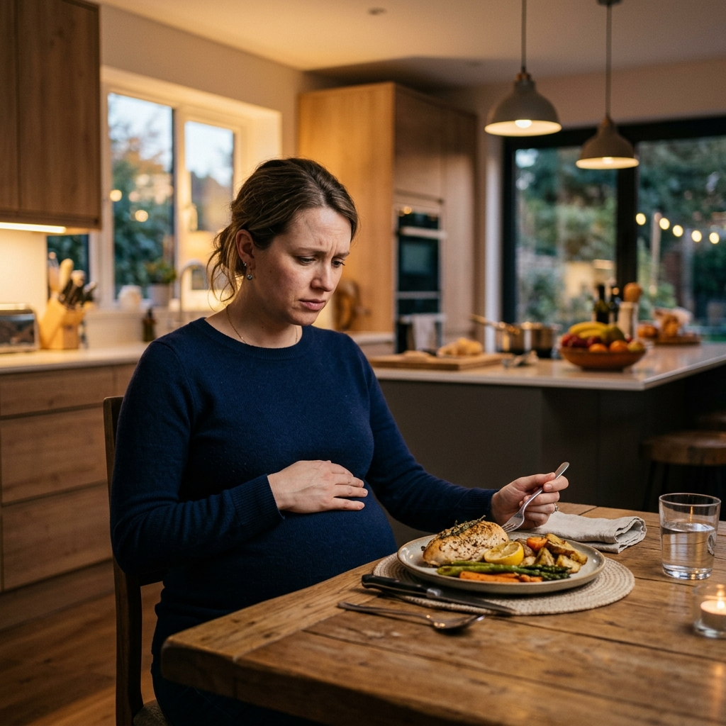 A pregnant woman looking worried at her dinner plate, illustrating the anxiety of discovering undercooked meat and the need for clinical reassurance.